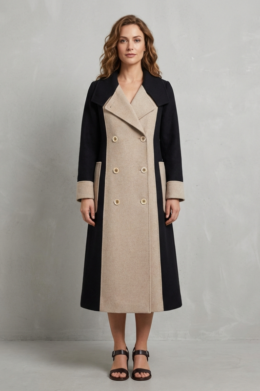 Donna indossa un cappotto doppiopetto longilino bicolore con revers e dettagli a contrasto, abbinato a sandali neri._1