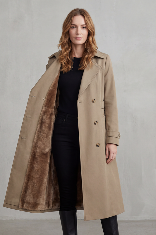 Donna che indossa un cappotto doppiopetto beige aperto per mostrare la fodera interna morbida, abbinato a pantaloni neri e top scuro._1