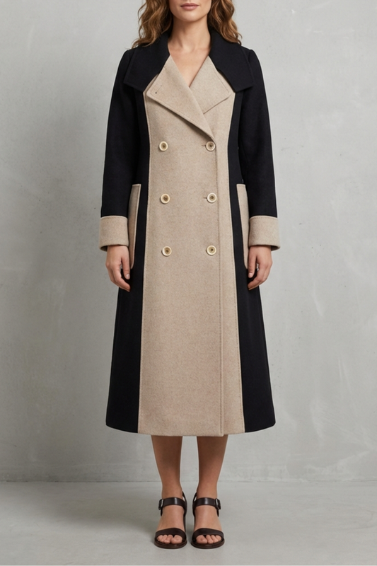 Donna indossa un cappotto doppiopetto longilino bicolore con revers e dettagli a contrasto, abbinato a sandali neri._0