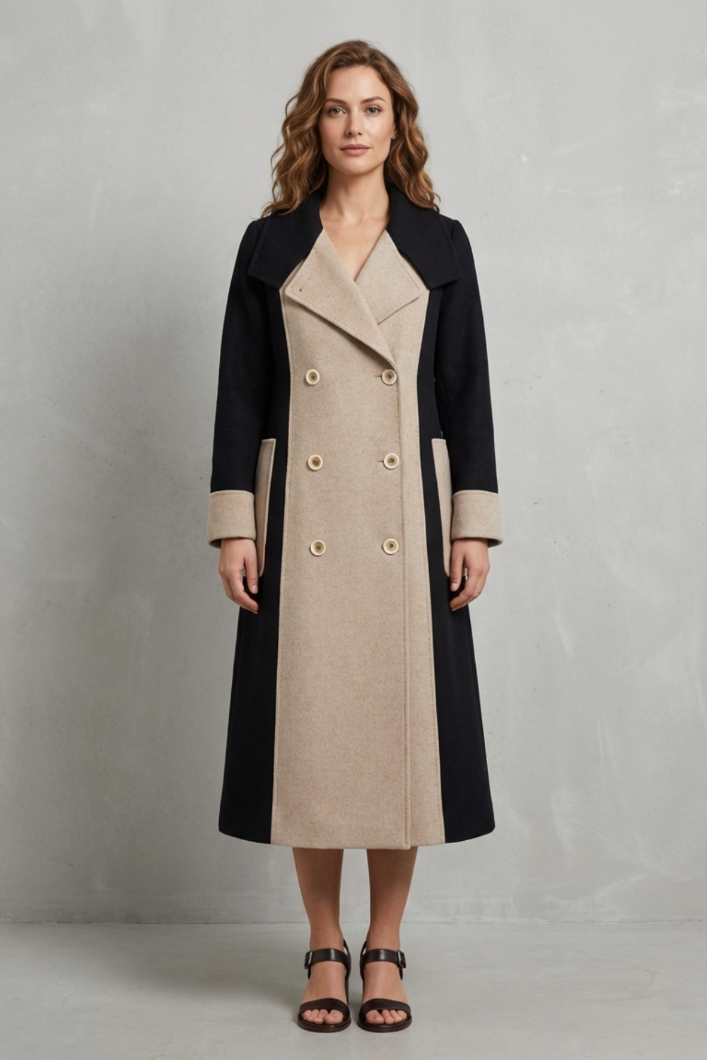 Donna indossa un cappotto doppiopetto longilino bicolore con revers e dettagli a contrasto, abbinato a sandali neri._1