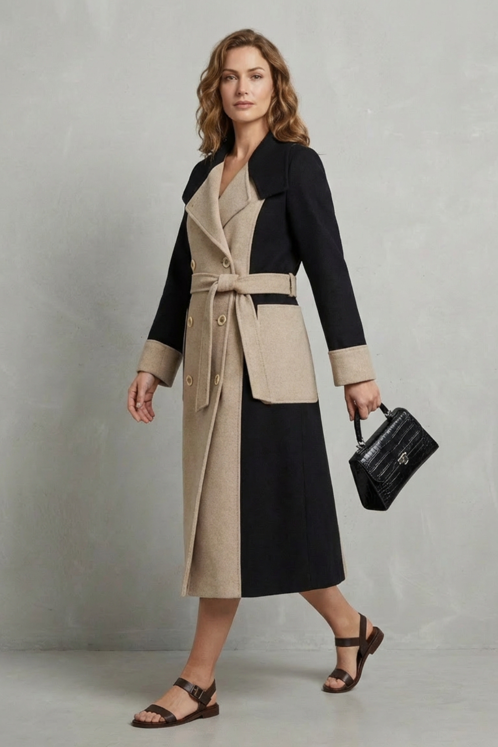 Donna indossa un cappotto doppiopetto longilino bicolore con revers e dettagli a contrasto, abbinato a sandali neri._2