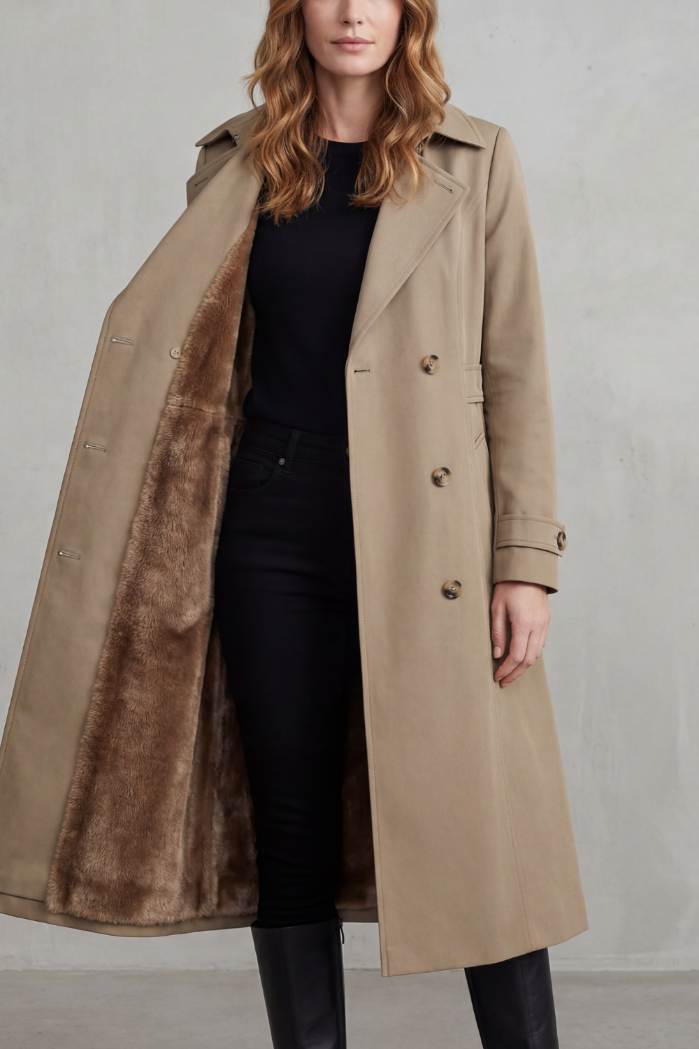 Donna che indossa un cappotto doppiopetto beige aperto per mostrare la fodera interna morbida, abbinato a pantaloni neri e top scuro._0