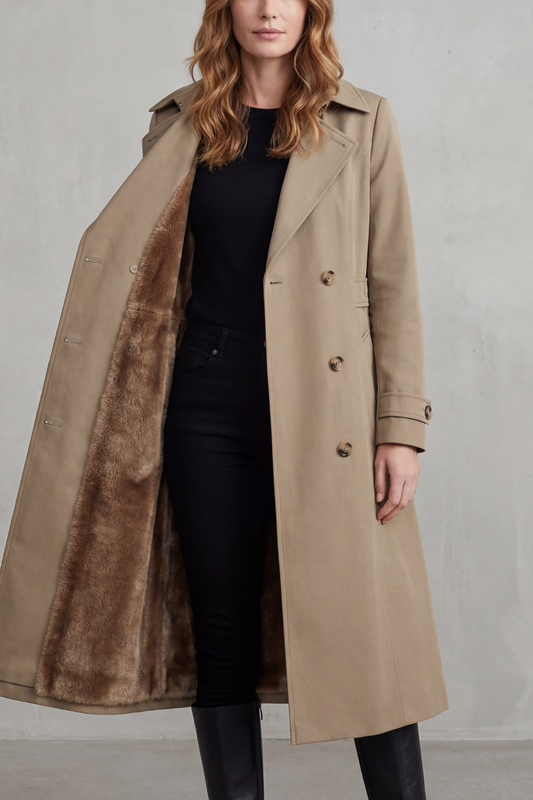 Donna che indossa un cappotto doppiopetto beige aperto per mostrare la fodera interna morbida, abbinato a pantaloni neri e top scuro._0
