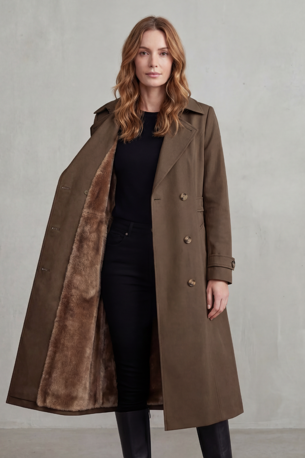 Donna che indossa un cappotto doppiopetto beige aperto per mostrare la fodera interna morbida, abbinato a pantaloni neri e top scuro._11