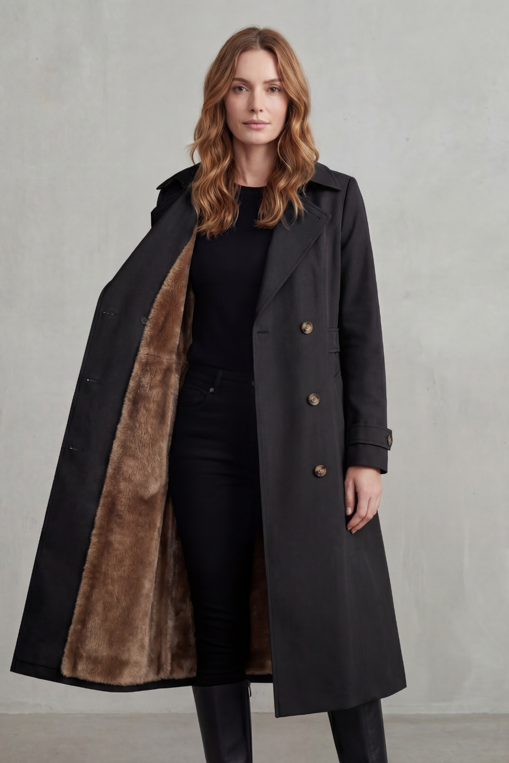 Donna che indossa un cappotto doppiopetto beige aperto per mostrare la fodera interna morbida, abbinato a pantaloni neri e top scuro._13