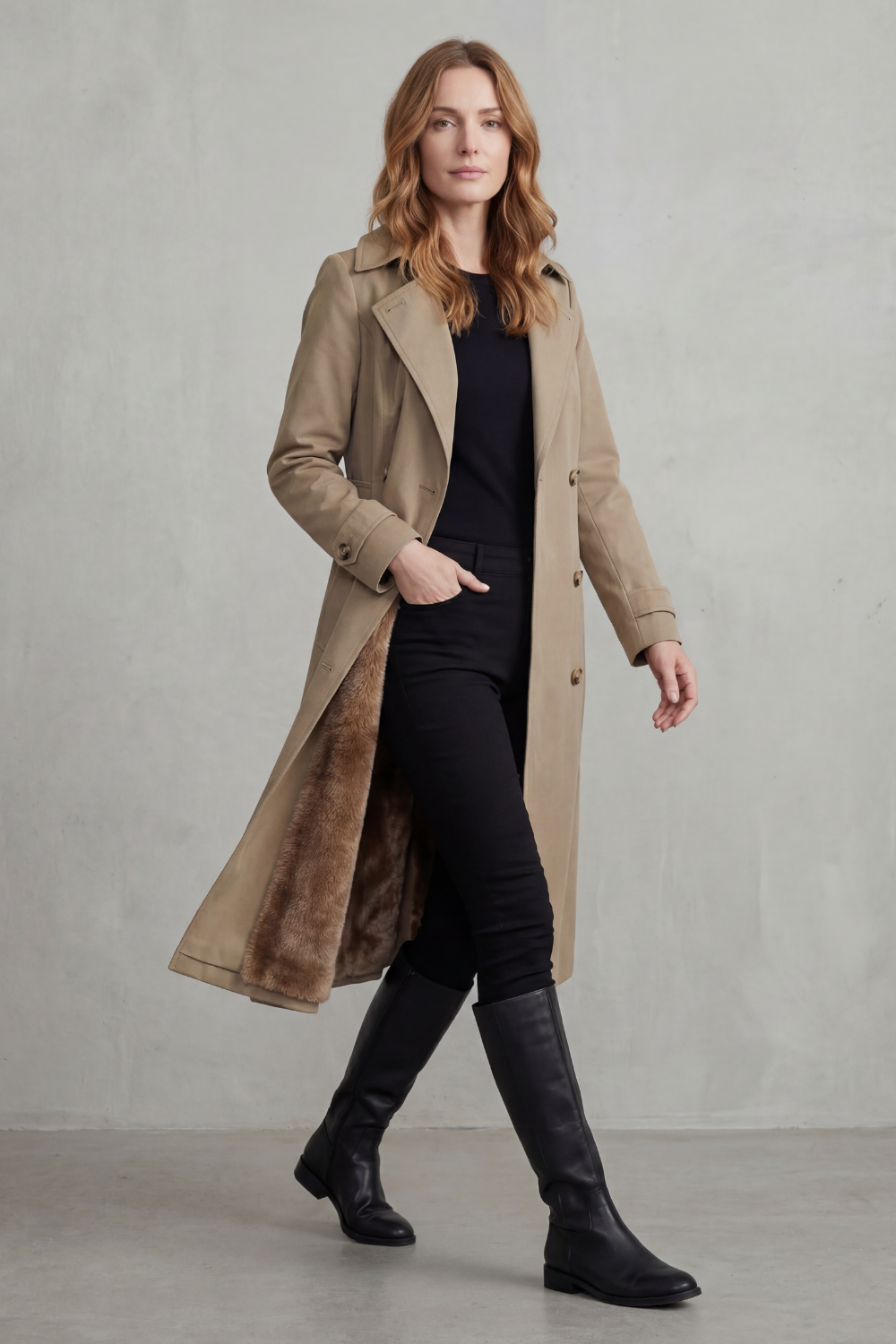 Donna che indossa un cappotto doppiopetto beige aperto per mostrare la fodera interna morbida, abbinato a pantaloni neri e top scuro._2