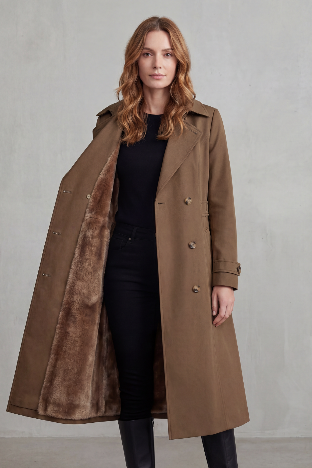 Donna che indossa un cappotto doppiopetto beige aperto per mostrare la fodera interna morbida, abbinato a pantaloni neri e top scuro._5