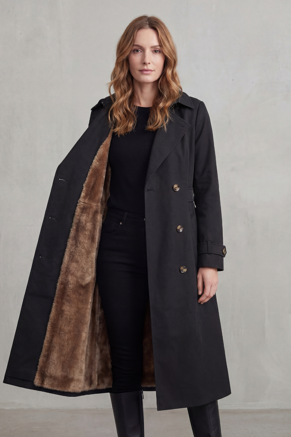 Donna che indossa un cappotto doppiopetto beige aperto per mostrare la fodera interna morbida, abbinato a pantaloni neri e top scuro._7