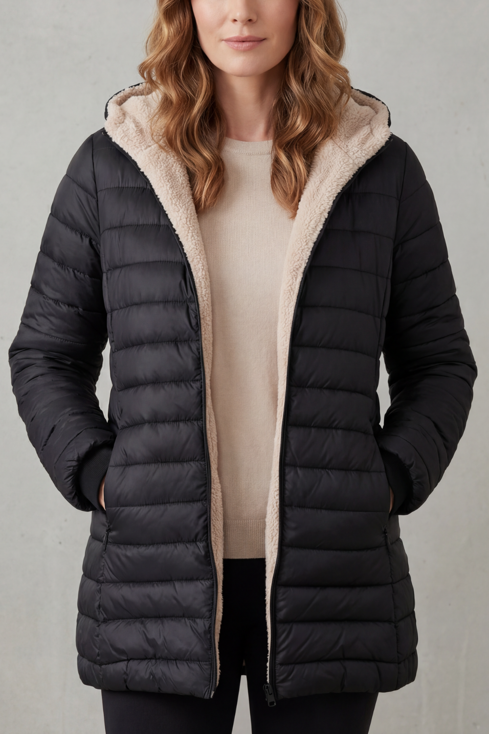Donna che indossa un piumino imbottito con cappuccio e fodera calda, aperto sul davanti, sopra un maglione beige e pantaloni scuri._0