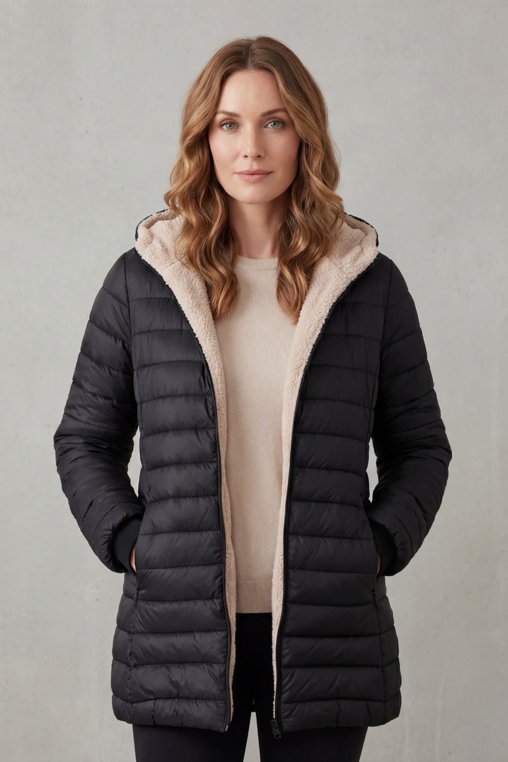 Donna che indossa un piumino imbottito con cappuccio e fodera calda, aperto sul davanti, sopra un maglione beige e pantaloni scuri._1