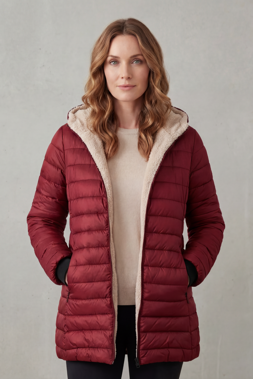 Donna che indossa un piumino imbottito con cappuccio e fodera calda, aperto sul davanti, sopra un maglione beige e pantaloni scuri._11