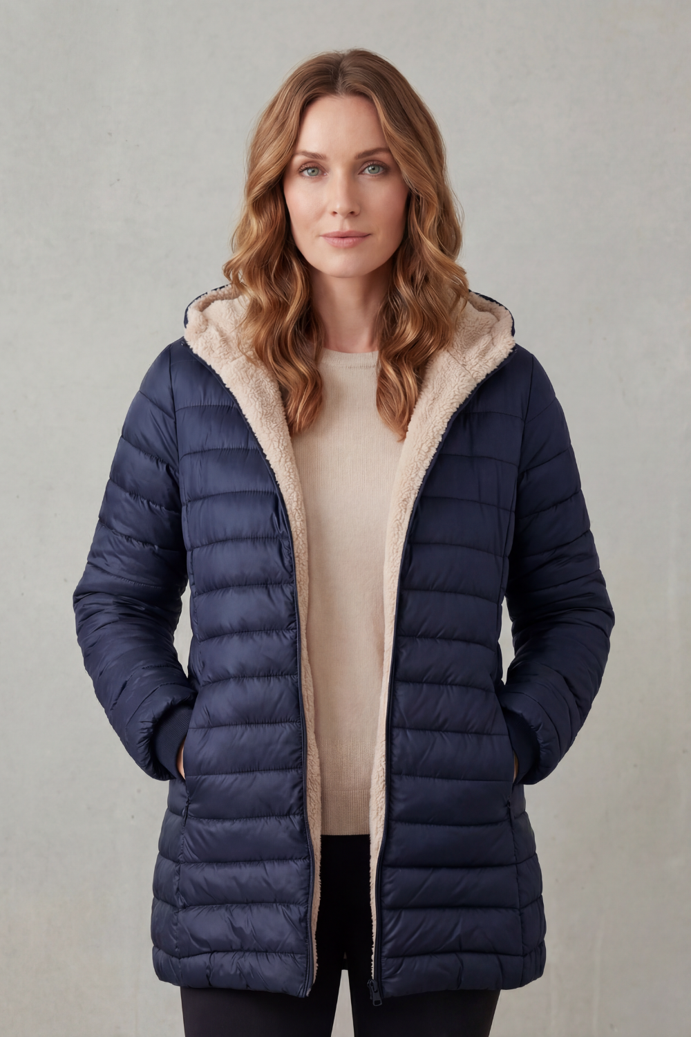 Donna che indossa un piumino imbottito con cappuccio e fodera calda, aperto sul davanti, sopra un maglione beige e pantaloni scuri._5