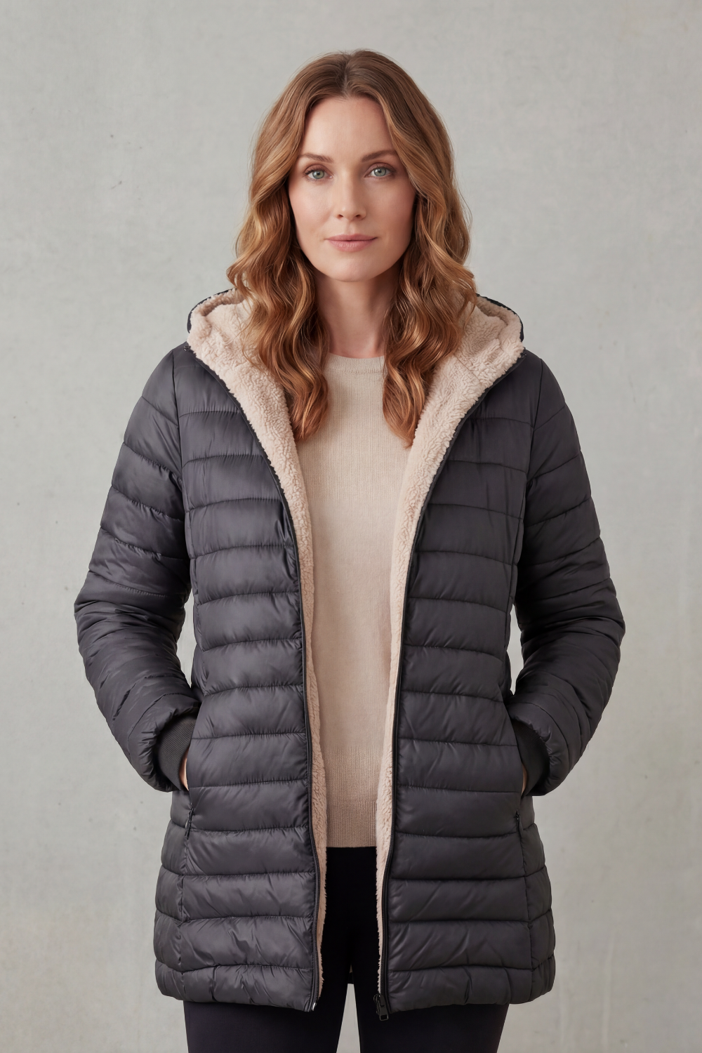 Donna che indossa un piumino imbottito con cappuccio e fodera calda, aperto sul davanti, sopra un maglione beige e pantaloni scuri._7