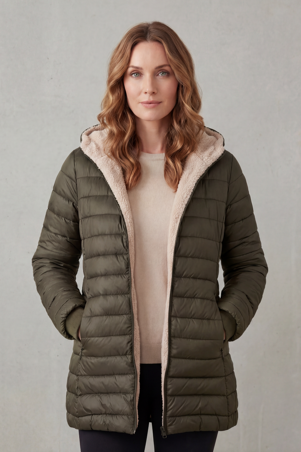 Donna che indossa un piumino imbottito con cappuccio e fodera calda, aperto sul davanti, sopra un maglione beige e pantaloni scuri._9