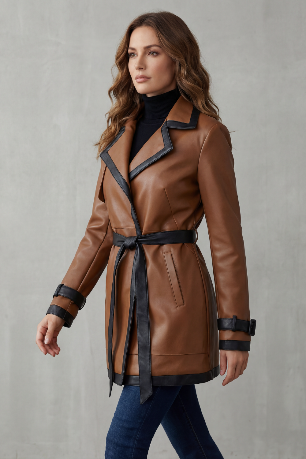 Modella indossa un trench coat marrone con dettagli neri a contrasto e cintura in vita._2
